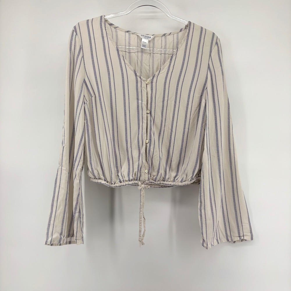 Arizona Jean Co Womens Cream Blue Striped Bell Sleeve‎ Button Front Top Medium - Picture 3 of 8